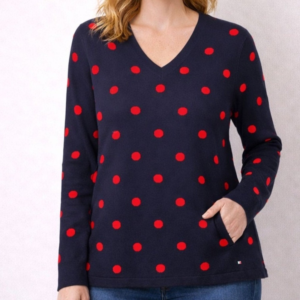 Tommy Hilfiger Navy Blue Red Polka Dot Nautical Sweater XL Preppy Classic Knit